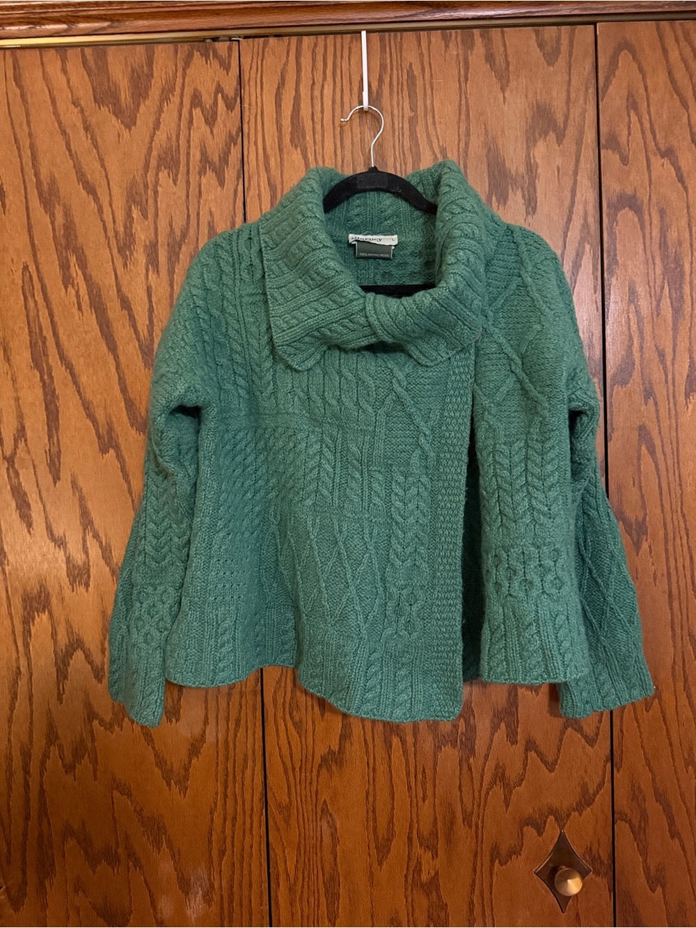 Barneys New York 100% Merino Wool Green Cable Knit Cardigan Large
